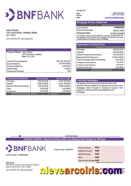 Malta BNF Bank mortgage statement Word and PDF template